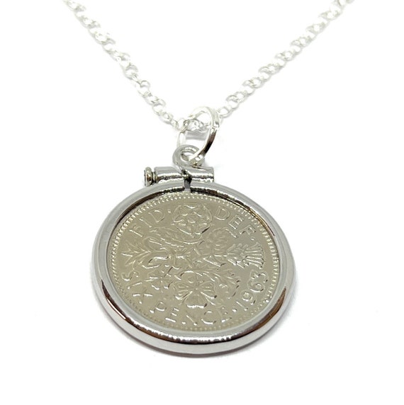 Solid Cinch 1963 62nd Birthday / Anniversary sixpence coin pendant plus 18inch SS chain gift 62nd birthday gift for her