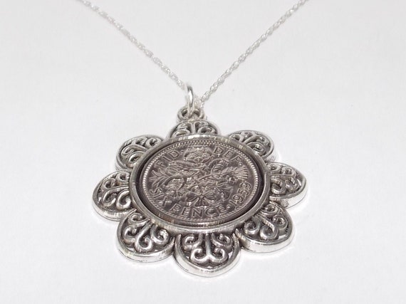 Floral Pendant 1959 Lucky sixpence 65th Birthday plus a Sterling Silver 18in Chain 65th birthday gift for her, Thinking Of You, Mum, Dad