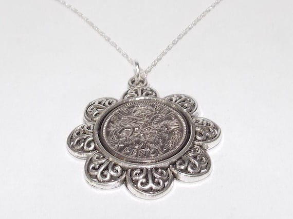 Floral Pendant 1959 Lucky sixpence 66th Birthday plus a Sterling Silver 18in Chain 66th birthday gift for her, Thinking Of You, Mum, Dad
