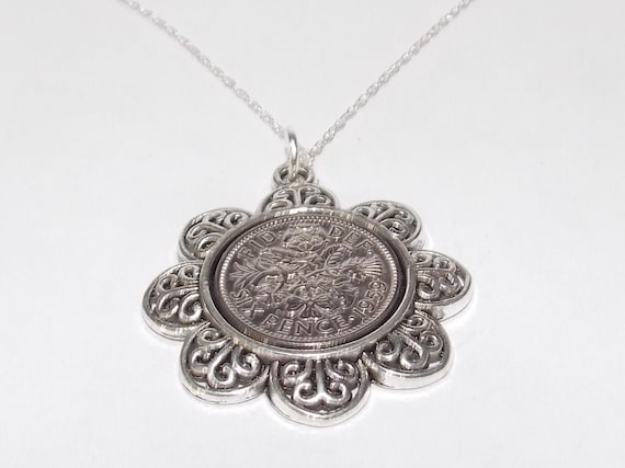 Floral Pendant 1959 Lucky sixpence 65th Birthday plus a Sterling Silver 18in Chain 65th birthday gift for her, Thinking Of You, Mum, Dad