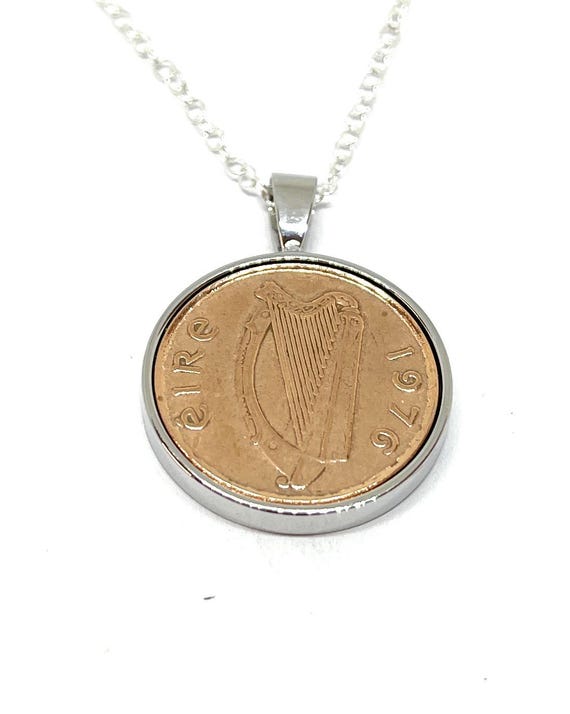 1976 49th Birthday Gift Irish Penny For Luck Pendant : Silver, Gold or RoseGold Plated