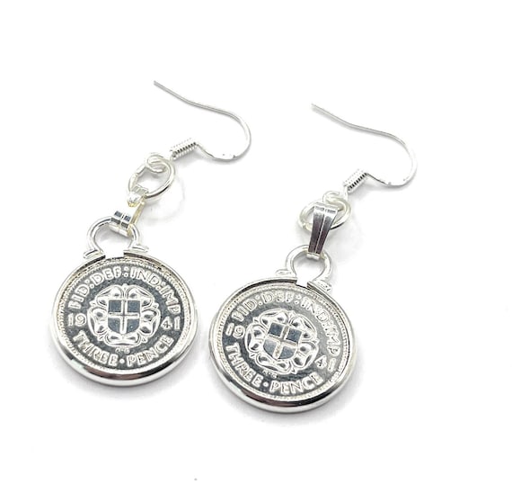 1941 Threepence 85th Birthday Gift Earrings : 925 Silver Hooks