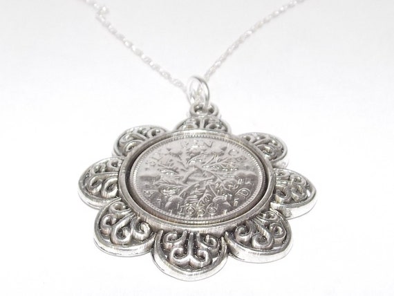 Floral Pendant 1937 Lucky sixpence 88th Birthday plus Sterling Silver 20in Chain 1937 88th birthday gift, 88th gift, 1937 gift, ladies gift