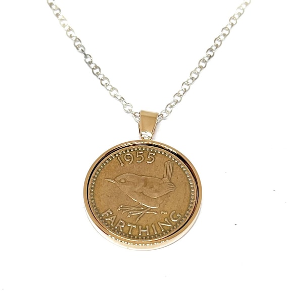 Round Pendant 1955 Lucky Farthing 70th Birthday plus a Sterling Silver 18in Chain, 70th birthday , 70th, gift from 1955 Rose Gld