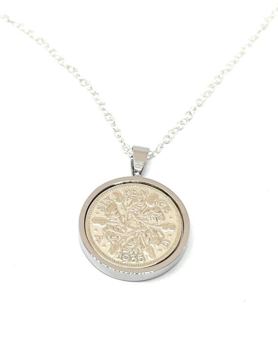 Solid Pendant 1935 Lucky sixpence 90th Birthday gift Sterling Silver 18in Chain, 90th birthday, 1935 gift