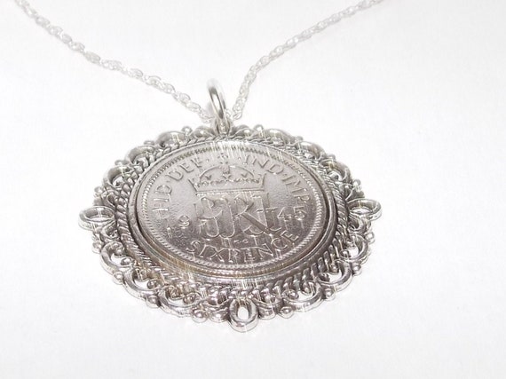 Fancy Pendant 1945 Lucky sixpence 80th Birthday plus a Sterling Silver Chain, 80th Anniversary gift, 80th birthday gift, womens gift