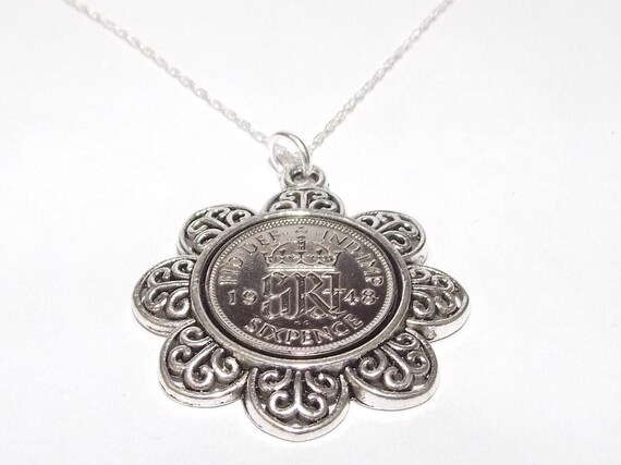 Floral Pendant 1948 Lucky sixpence 76th Birthday plus a Sterling Silver 18in Chain 76th birthday gift for her, Thinking Of You, Mum, Dad