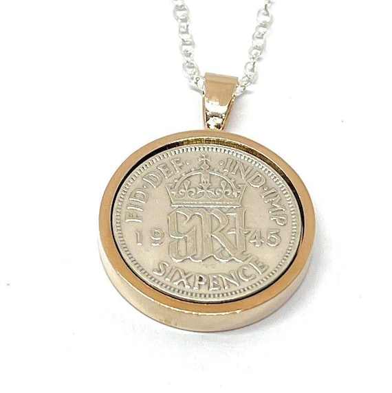 Round Pendant 1945 Lucky sixpence 80th Birthday plus a Sterling Silver 18in Chain, 80th Anniversary gift, 80th birthday gift, Rose GLD
