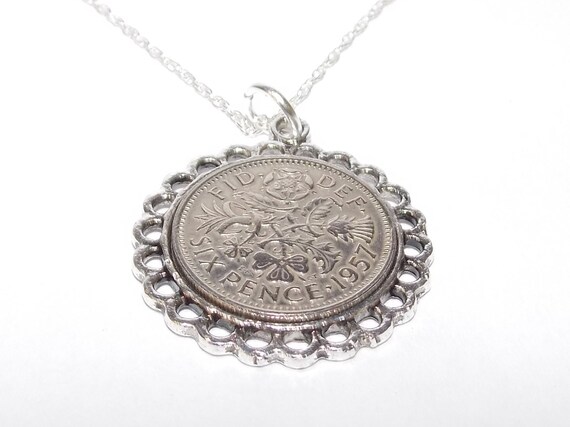 Fine Pendant 1957 Lucky sixpence 68th Birthday plus a Sterling SilverChain, 68th birthday , 68th, wedding gift from 1957