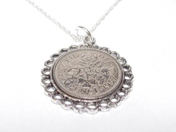 Fine Pendant 1957 Lucky sixpence 67th Birthday plus a Sterling Silver 18in Chain, 67th birthday , 67th, Diamond wedding, gift from 1957