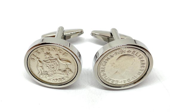 Premium 1955 Australian Sixpence Cufflinks for a 70th birthday.  Original Australian Sixpence, 70th birthday , 70th, gift from 1955  SLV