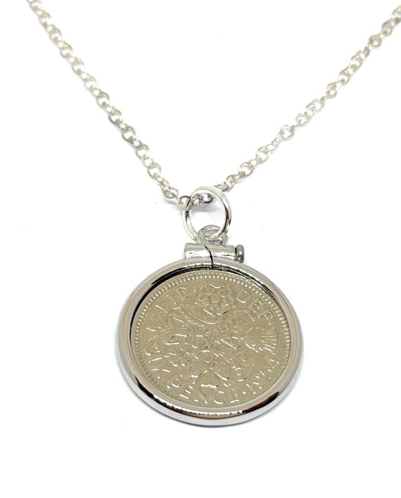 1954 70th Birthday gifts for women / Anniversary sixpence coin Solid Cinch pendant 18inch SS chain 70th birthday gift, 1954 birthday