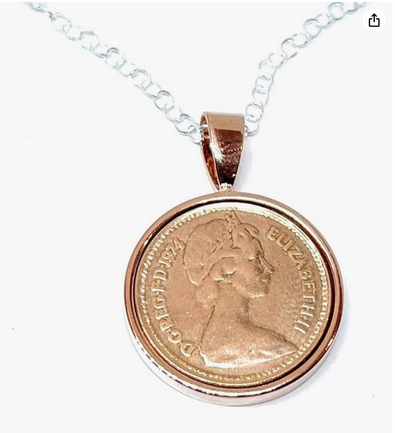 50th Birthday gifts for women / Anniversary one pence Solid Pendant - one pence Pendant from 1974 for a 50th Birthday Rose/GLD