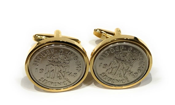 Luxury 1949 Sixpence Cufflinks for a 75th birthday.  Original british sixpences inset in Premium Cufflinks backs 74th - color-Gold Loved One