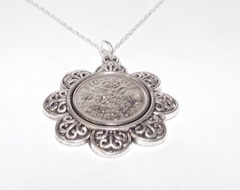 Floral Pendant 1961 Lucky sixpence 63rd Birthday plus a Sterling Silver 18in Chain 63rd birthday gift for her Thinking Of You, Mum Dad