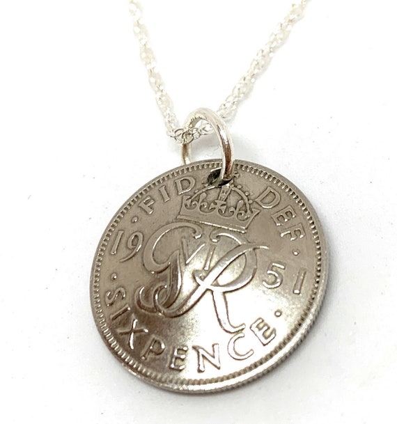1951 Sixpence Domed sixpence pendant 74th birthday.  Original sixpence coins Great gift from 1951 - mothers day gift idea Thinking Of You