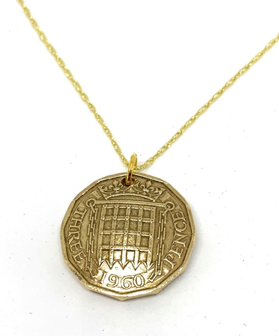 1960 64th Birthday / Anniversary Domed Threepence coin pendant plus 18 inch GP/SS chain gift 64th birthday gift for her Thinking Of You