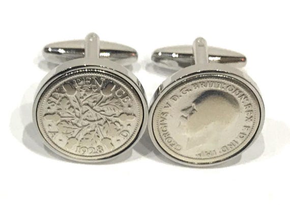 1928 Sixpence Coin Cufflinks: 97th Birthday Gift, Silver, Gold or RoseGold Plated Mounts