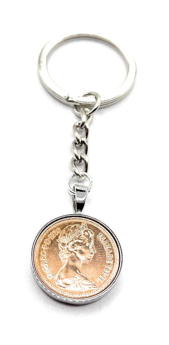 1976 49th Birthday Gift Penny For Luck Coin Keyring : Silver, Gold or RoseGold Plated
