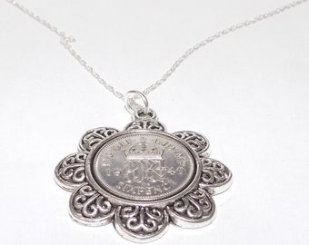 Floral Pendant 1940 Lucky sixpence 84th Birthday plus a Sterling Silver 18in Chain 84th birthday gift for her Thinking Of You, Mum Dad