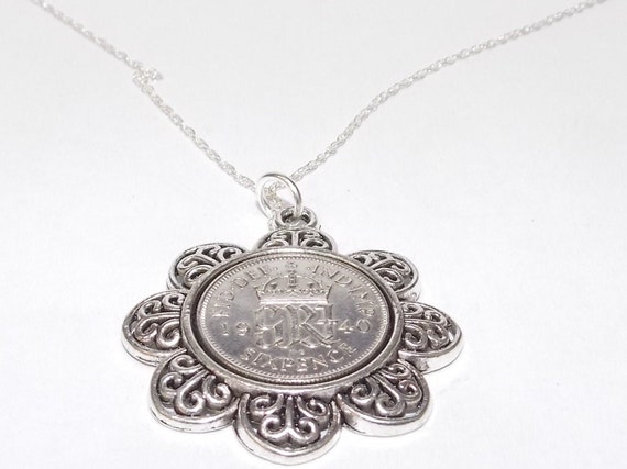 Floral Pendant 1940 Lucky sixpence 84th Birthday plus a Sterling Silver 18in Chain 84th birthday gift for her Thinking Of You, Mum Dad
