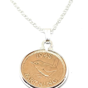 1945 Farthing Coin Pendant: 80th Birthday Gift, Silver Plated