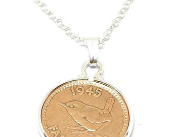 1945 80th Birthday Anniversary Farthing coin in a Silver Plated Pendant mount plus 18 Inch SS Chain, Thinking Of You,  Special Friend, Mum