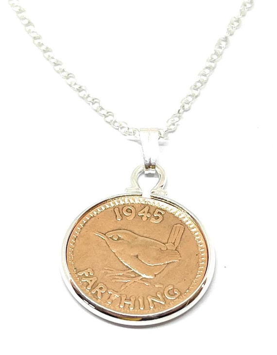1945 80th Birthday Anniversary Farthing coin in a Silver Plated Pendant mount plus 18 Inch SS Chain, Thinking Of You,  Special Friend, Mum