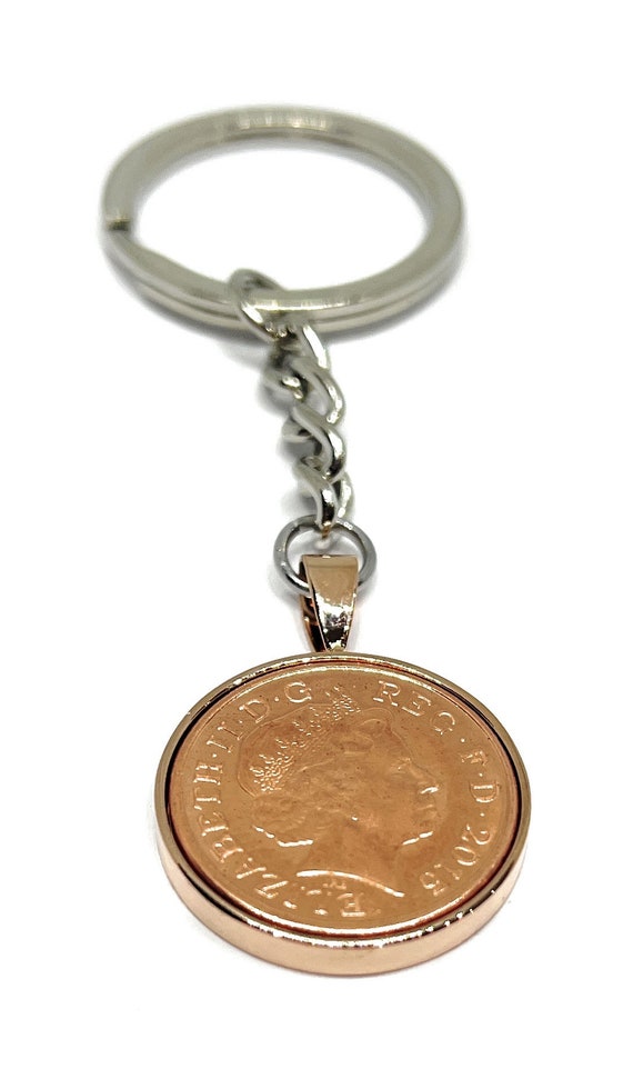 10th Tin Anniversary Solid Keyring - 2015  1p Coin Gift for Wedding Anniversary, Unique Tin Wedding Present, Rose & Gold Tone
