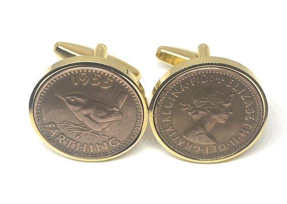 Luxury 1955 Farthing Cufflinks for a 70th birthday.  Original british Farthings, 70th birthday , 70th, gift from 1955 Thinking Of You GLD