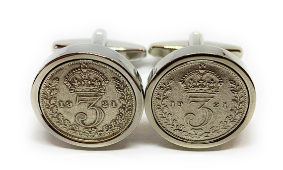 1921 Silver Threepence Cufflinks 103rd birthday.  Original sixpence coins Great gift from 1921 103rd Thinking Of You,  Special Friend