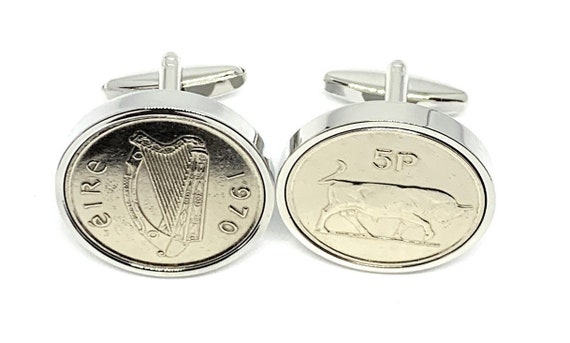 1971 53rd Birthday / Anniversary Old Large Irish 5p coin cufflinks - Irish Five Pence cufflinks from 1971 for a 53rd birthday Silver