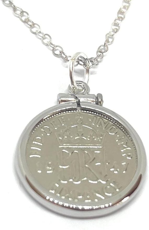 1947 Sixpence Coin Pendant, Silver-Plated Mount, Sterling Silver Chain