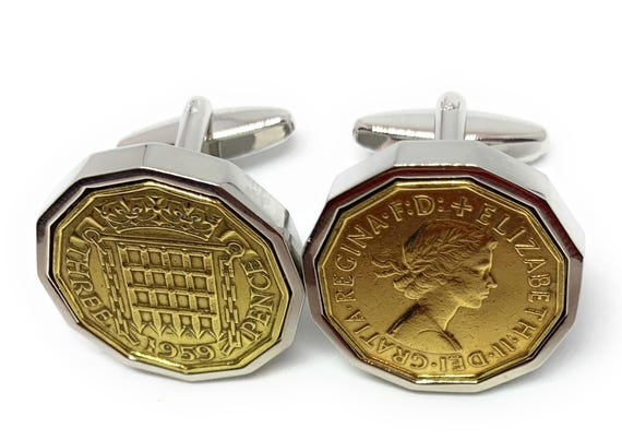 1959 Threepence Coin Cufflinks 66th Birthday Gift: Silver Plated Mounts