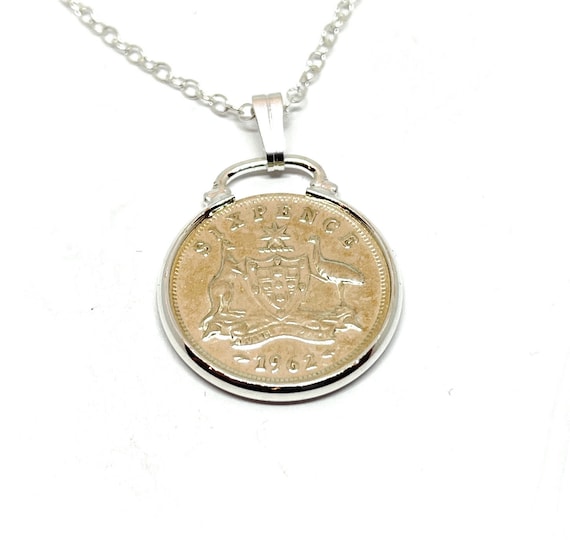 1962 62nd Birthday / Anniversary Australian sixpence coin pendant plus 18inch SS chain gift 62nd birthday gift for her