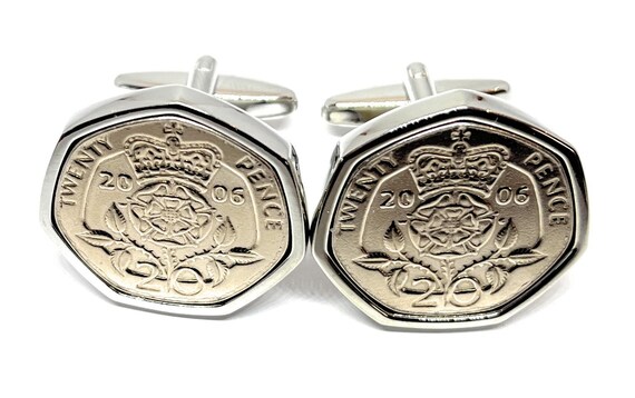 2006 Twenty Pence coin cufflinks 19th Birthday Gift Anniversary : Silver or Gold  plated backs