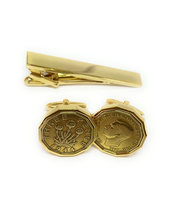 1944 Threepence 3d 80th birthday Cufflinks Set- Original 1944 threepence coin cufflinks 80th Thinking Of You, Mum, Dad GLD