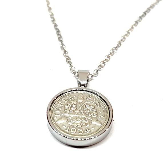 1934 90th Birthday / Anniversary 3d Threepence coin Solid pendant Sterling Silver chain  90th birthday gift for women, Thinking Of You SLV