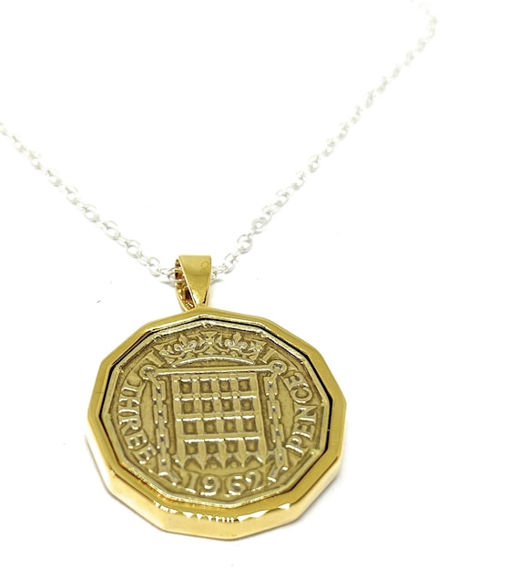 1962 Threepence Coin Pendant 63rd Birthday Gift Sterling Silver Chain: Gold Plated Mount