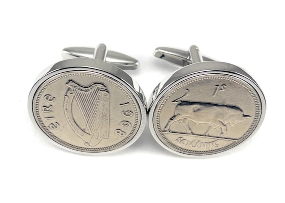 1968 57th Birthday Gift Irish Shilling Large 5p coin cufflinks: Silver or Gold plated