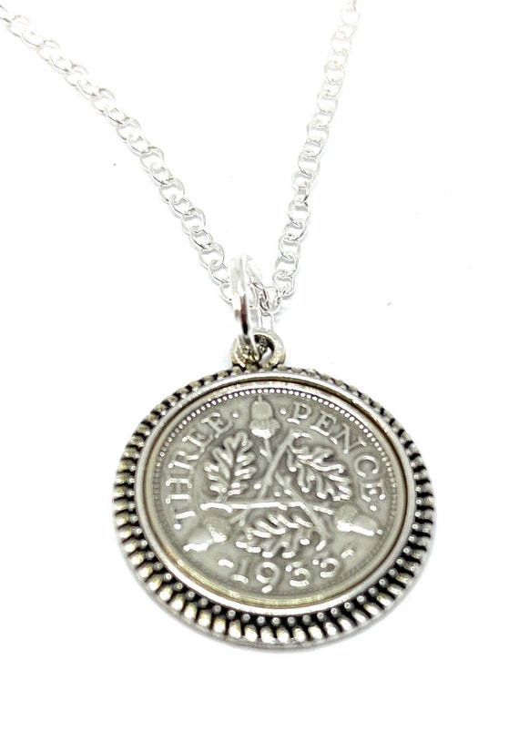 1933 Threepence Coin Pendant: 92nd Birthday Gift, Sterling Silver Chain