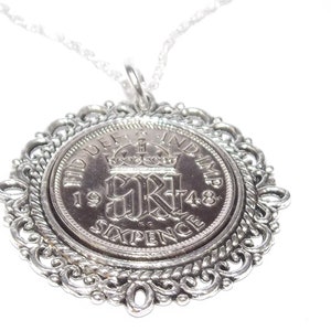 76th Birthday Gift: 1949 Sixpence Sterling Silver Pendant Necklace