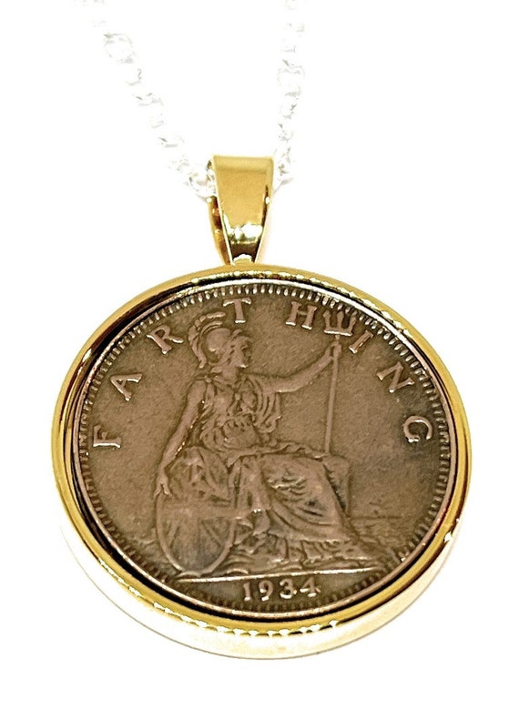 1934 90th Birthday Anniversary Farthing coin in a Solid Gold Plated Pendant Sterling Silver chain 90th birthday gift for Women GLD