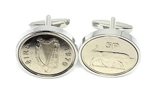 55Th Birthday Irish Five Pence Cufflinks, 1971 Coins With Silver-Plated Mounts