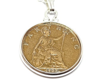 1924 100th Birthday Anniversary Farthing coin in a Silver Plated Pendant mount 100th birthday gift for her, Sterling SilverChain