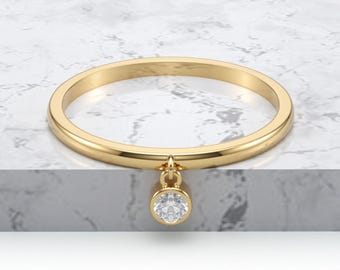 Dangling Diamond Charm Ring/ Single Diamond Bezel set Ring/ Single Stone Diamond Wedding Ring/ Real Gold Diamond Wedding Ring