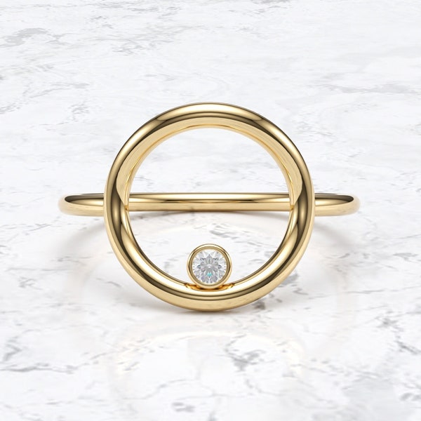 Open Circle Diamond Gold Ring/ Real Gold Stylish Ring/ Bezel set Single Stone Ring/ Solitaire Diamond Ring