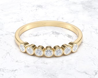 Seven Stone Diamond Ring/ Diamond Wedding Band/ Bezel set Round Brilliant Diamond Ring/ Diamond Anniversary Ring/ 14k Gold Diamond Ring
