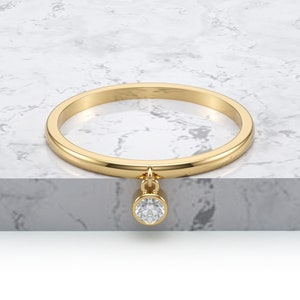 Dangling Diamond Charm Ring/ Single Diamond Bezel set Ring/ Single Stone Diamond Wedding Ring/ Real Gold Diamond Wedding Ring