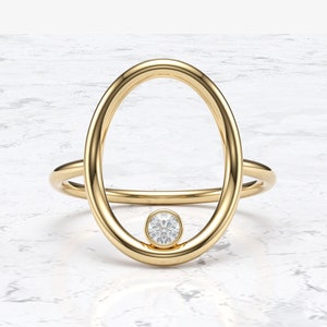 Anello in oro con diamante ovale aperto/Anello elegante in vero oro/Anello con pietra singola con castone